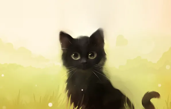 Кошка, трава, кот, котенок, черный, арт, Apofiss