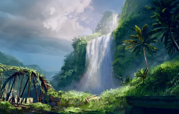 Картинка дорога, мост, пальмы, остров, водопад, Far Cry: 3