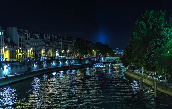 Картинка ночь, огни, река, Франция, Париж, дома, Сена