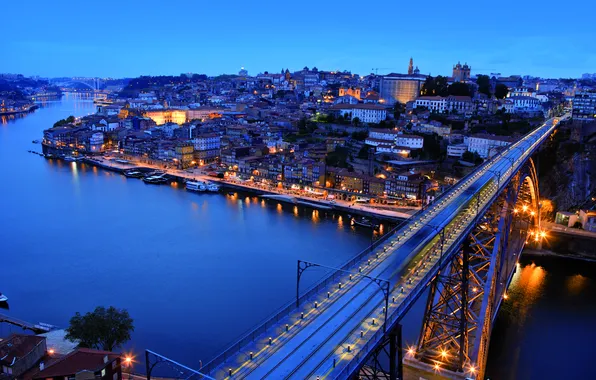 Картинка мост, city, река, улица, дома, вечер, Португалия, архитектура