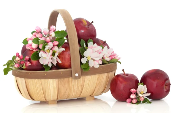 Яблоки, корзинка, цветы яблони