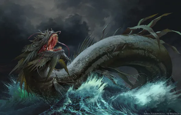 Страх, дракон, чудовище, свирепый, dragon, морское чудище, мрачное небо, пасть дракона