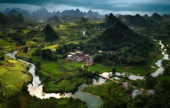 Картинка горы, река, холмы, Китай