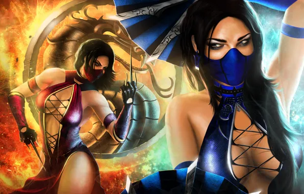 Девушки, платье, бойцы, Mortal Kombat, Kitana, Mileena