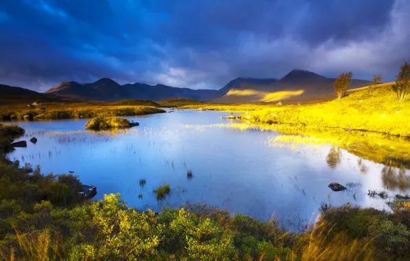 Пейзаж, горы, тучи, озеро, Шотландия, Rannoch Moor