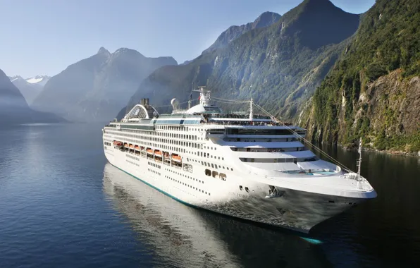 Sea, mountains, rocks, ship, cruise ship