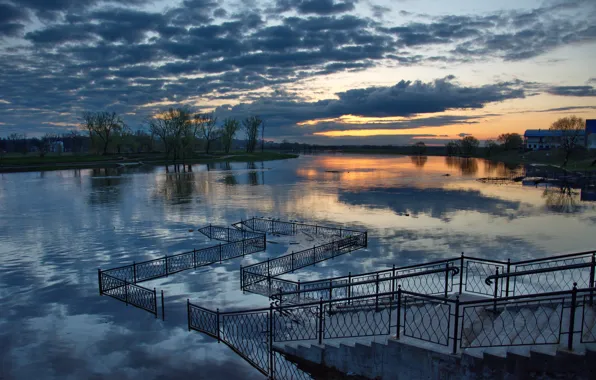 Вода, река, рассвет, весна, лестница, разлив