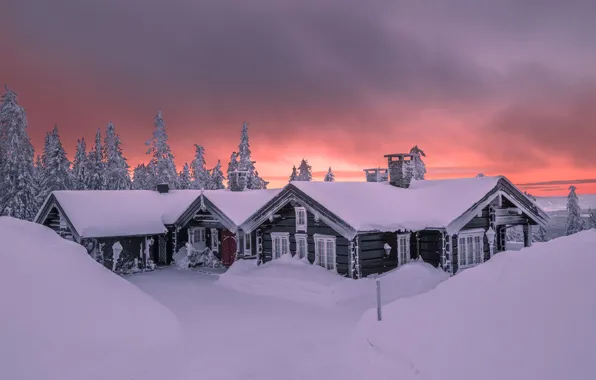 Картинка зима, снег, деревья, пейзаж, природа, рассвет, дома, утро