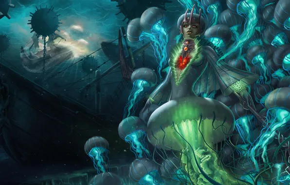 Картинка море, девушка, корабли, арт, медузы, под водой, League of Legends, Nami