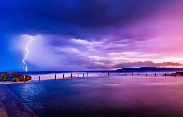 Nature, Clouds, Sky, Purple, Lightning, Water, Beauty, Sea