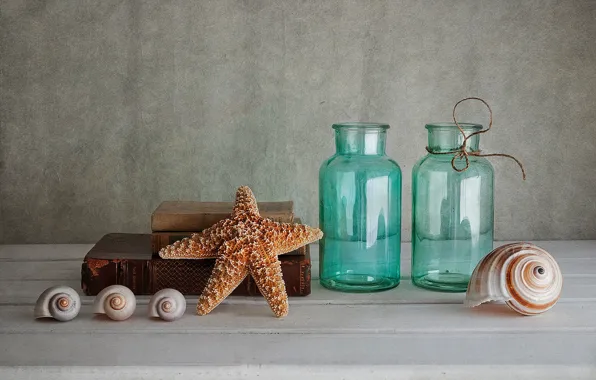 Стекло, фон, книги, ракушки, бутылки, морская звезда, натюрморт