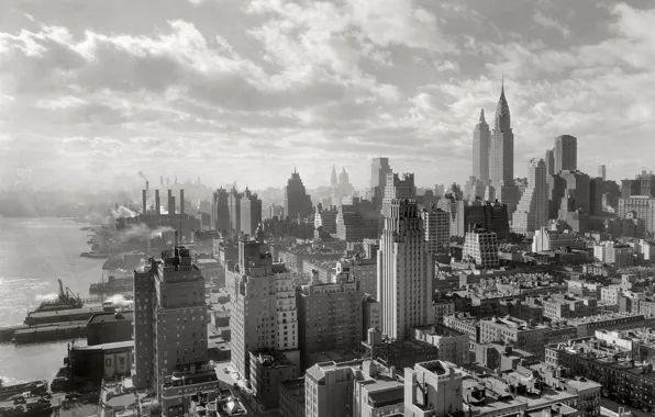 Картинка город, фото, здания, дома, чёрно-белое, Нью-Йорк, небоскребы, картинка