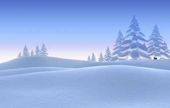 Картинка Зима, Деревья, Снег, Ель, Рендеринг, Сугробы