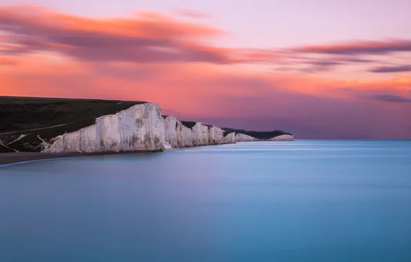 Море, небо, закат, скалы, берег, горизонт, England, Sussex