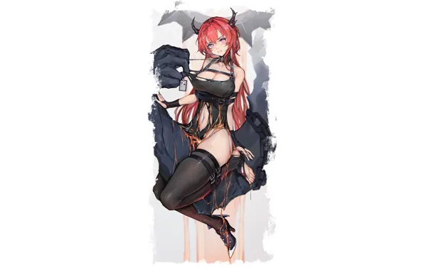 Girl, hot, sexy, horns, red hair, boobs, anime, pretty