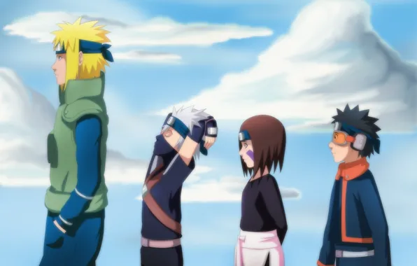 Naruto, art, Namikaze Minato, Obito Uchiha, Kakashi Hatake, Rin Nohara, team minato