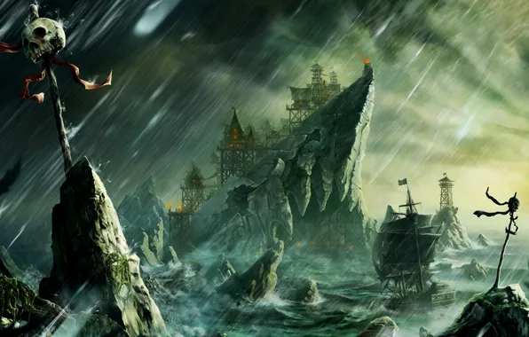 Картинка шторм, дождь, скалы, ветер, опасность, корабль, череп, парусник