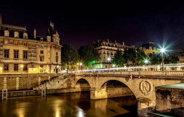 Картинка свет, ночь, мост, город, огни, Франция, Париж, фонари