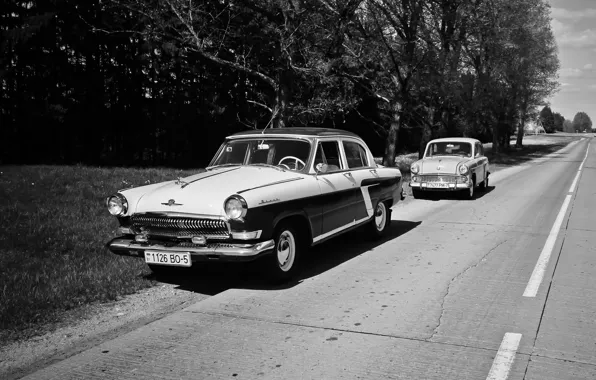 Ретро, black & white, Volga, Moskvich, GAZ-21, Volga & Moskvich