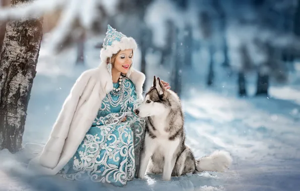 Картинка зима, девушка, снег, настроение, собака, дружба, Снегурочка, друзья