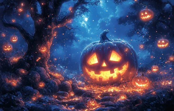 Картинка Облака, Ночь, Деревья, Луна, Тыквы, Halloween, Хэллоуин, Цифровое искусство