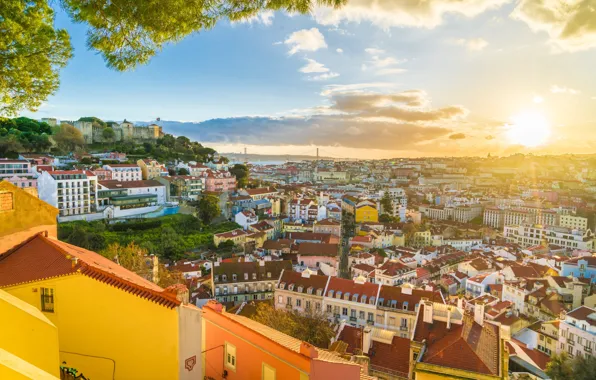 Солнце, дома, панорама, Португалия, Лиссабон