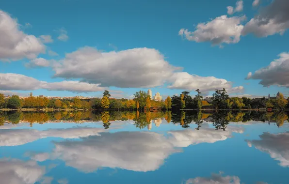 Картинка осень, небо, облака, отражения, деревья, природа, озеро, sky