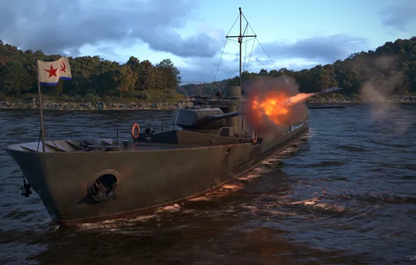Огонь, берег, корабль, мачта, project 186 soviet armored gunboat