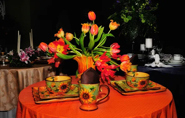 Цветы, стол, букет, тарелка, чашка, тюльпаны, натюрморт, сервиз