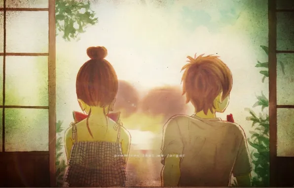 Лето, спина, поцелуй, арбуз, двери, двое, art, bokura ga ita
