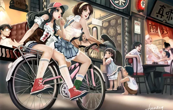 Картинка велосипед, девушки, арт, кафе, кепка, леденец, конфета
