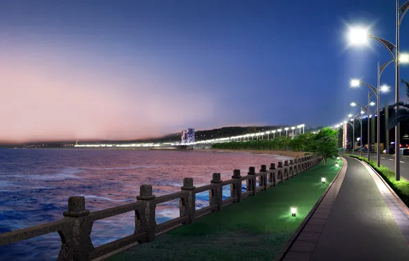 Город, река, фонари, набережная