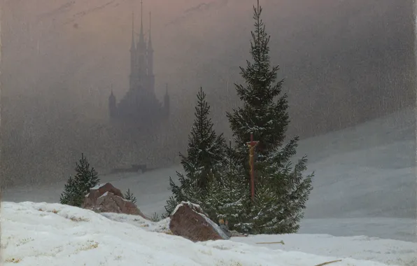 Снег, замок, рождество, ель, картина, мгла, зимний пейзаж, Caspar David Friedrich