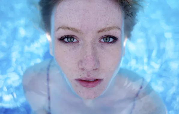 Girl, pool, woman, eyes, water, face, redhead, female