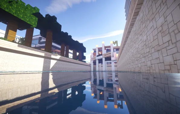 Небо, Вода, Отражение, Здание, Minecraft