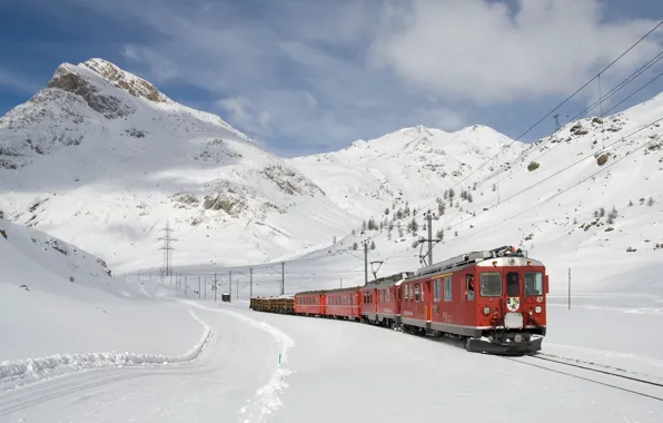 Картинка снег, горы, красный, поезд