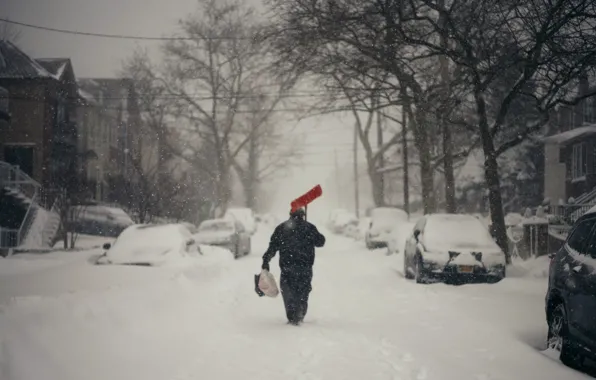 Winter, man, walking, snowing