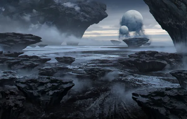 Картинка туман, камни, скалы, водоем, alien lands