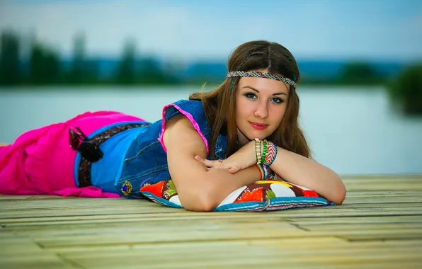 Взгляд, девушка, фон, подушки