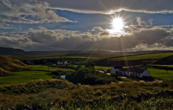 Дорога, поле, пейзаж, закат, дома