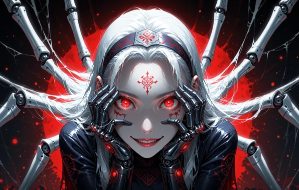 Картинка spider, Girl, fantasy, red eyes, artwork, fantasy art, white hair, arachnid