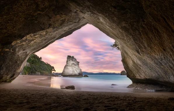 Картинка море, пляж, пейзаж, закат, природа, скала, Новая Зеландия, арка
