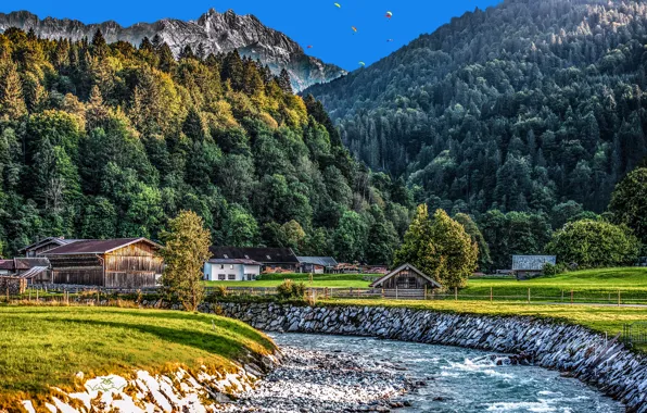 Картинка пейзаж, горы, природа, дома, Германия, долина, Бавария, леса