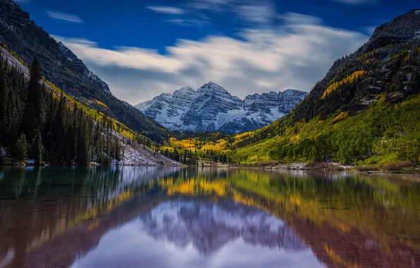Картинка осень, лес, пейзаж, горы, озеро, отражение