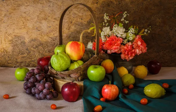 Цветы, яблоки, букет, виноград, тыква, фрукты, натюрморт, овощи