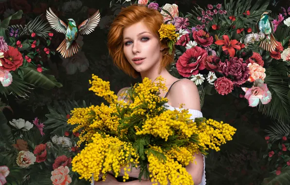 Картинка взгляд, девушка, цветы, птицы, рыжая, рыжеволосая, мимоза, Анастасия Жилина
