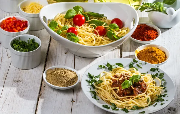 Картинка зелень, еда, мясо, помидоры, спагетти, специи, макароны, meat