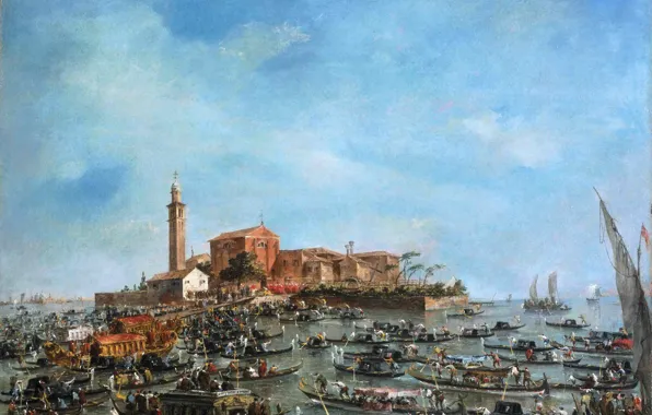 Картинка море, небо, город, картина, лодки, канал, гондола, венеция