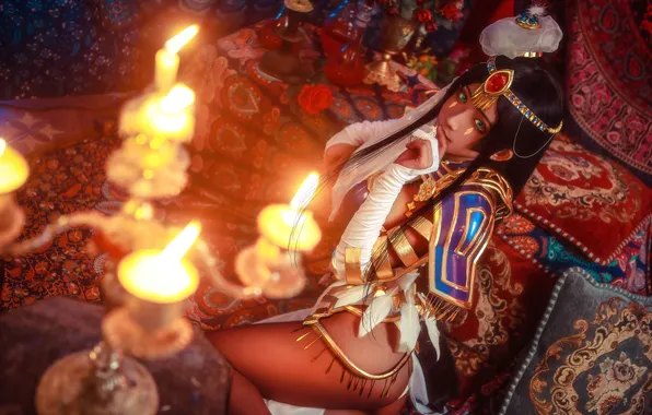 Картинка девушка, подушки, свечи, girl, азиатка, косплей, cosplay, asian
