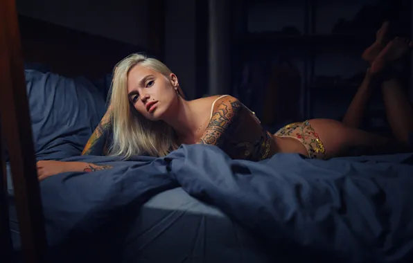 Взгляд, девушка, поза, тату, постель, бельё, Мария, Sergey Fat
